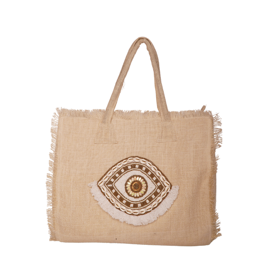 Beige Fringe Tote with Shell &amp; Evil Eye Embroidery – Coastal Soul Edition