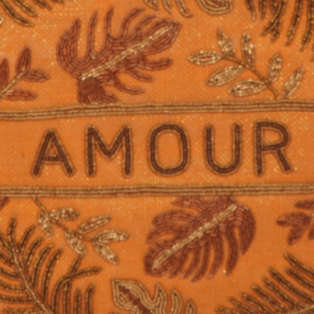 "AMOUR" Tropical Leaf Embroidered Tote – Rust Orange Jute Bag