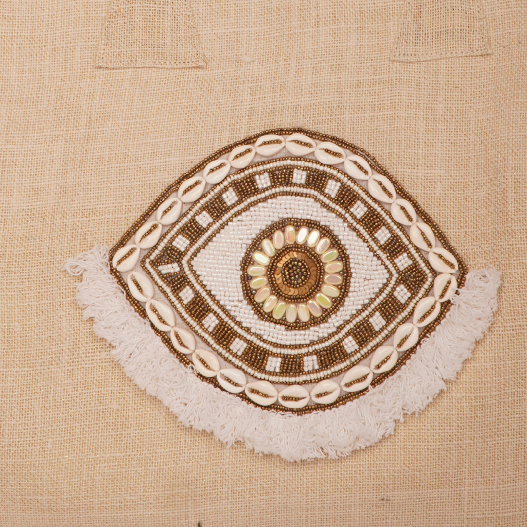 Beige Fringe Tote with Shell &amp; Evil Eye Embroidery – Coastal Soul Edition
