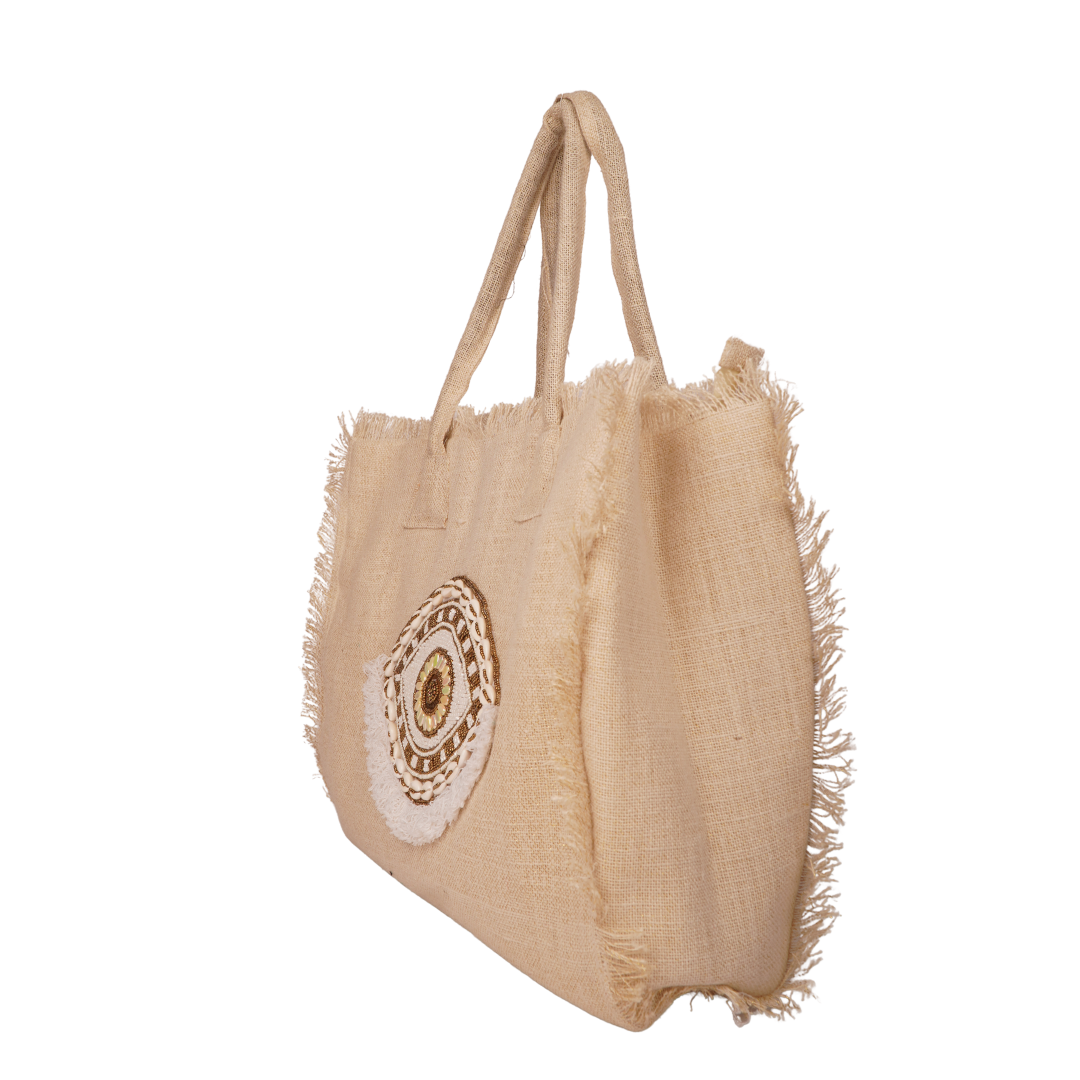 Beige Fringe Tote with Shell &amp; Evil Eye Embroidery – Coastal Soul Edition