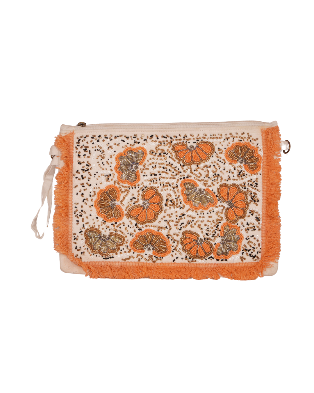Butterfly Garden Embroidered Clutch with Orange Fringe