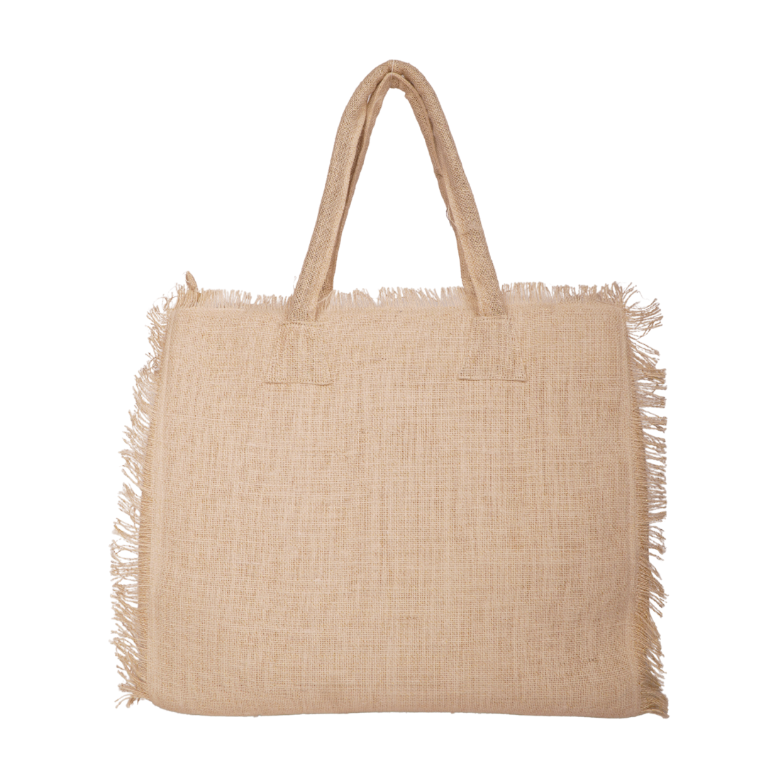 Beige Fringe Tote with Shell &amp; Evil Eye Embroidery – Coastal Soul Edition
