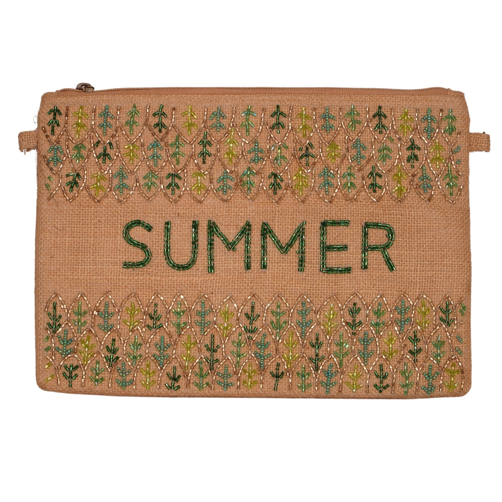 Embroidered Jute Pouch – “SUMMER” Leaf Design