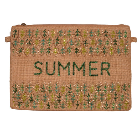 Embroidered Jute Pouch – “SUMMER” Leaf Design