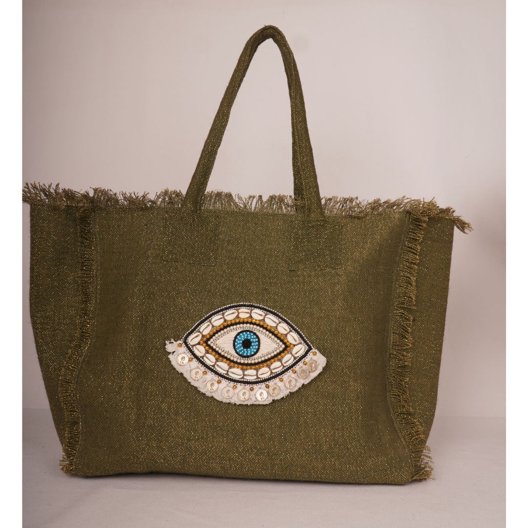 Olive Green Evil Eye Tote with Shell &amp; Sequin Embroidery – Boho Luxe Edition