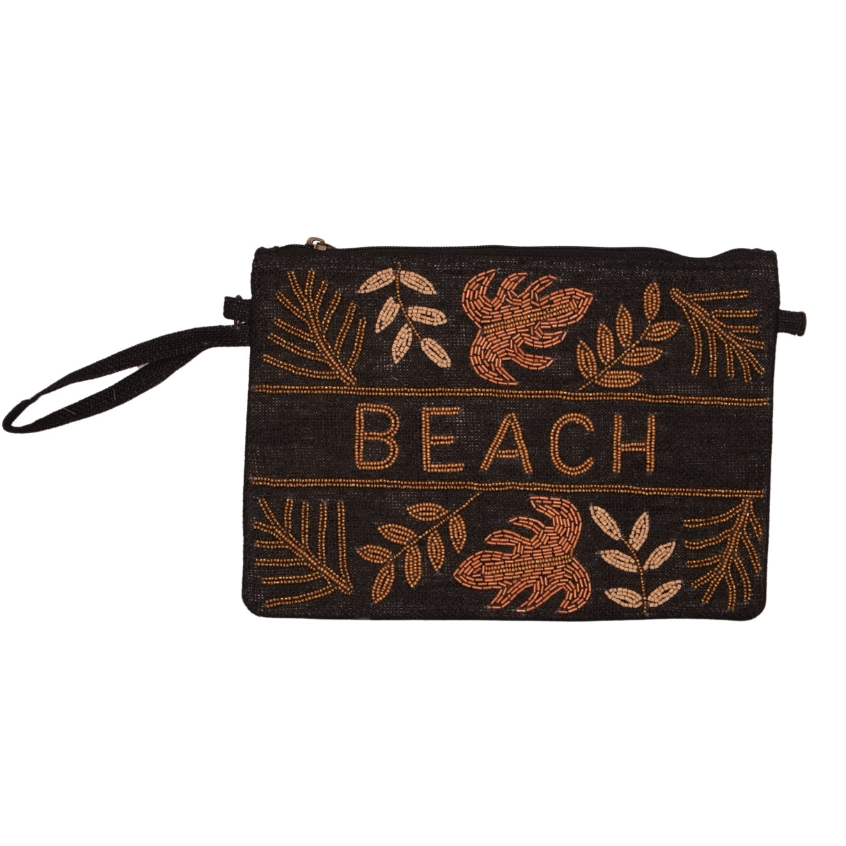 Embroidered Black Jute Pouch – “BEACH” Tropical Leaf Design