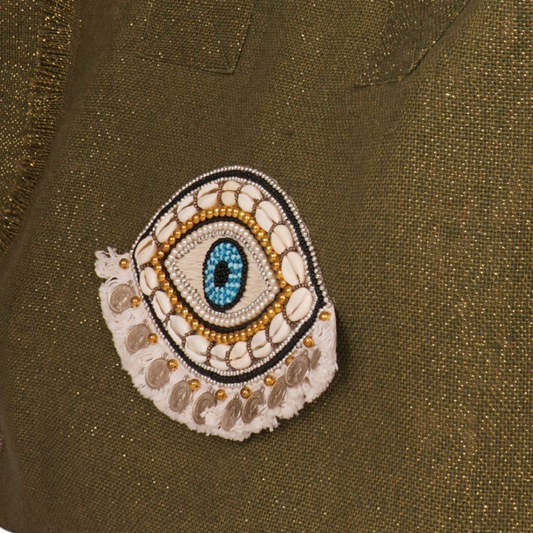 Olive Green Evil Eye Tote with Shell &amp; Sequin Embroidery – Boho Luxe Edition