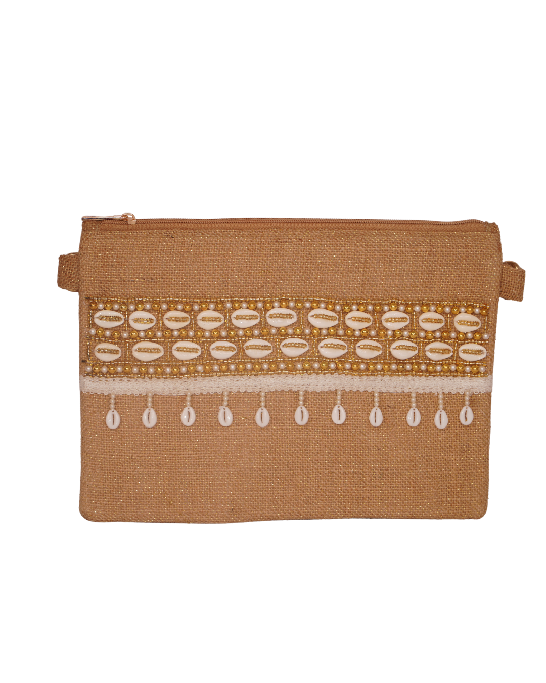 Golden Cowrie Shell Embellished Jute Clutch