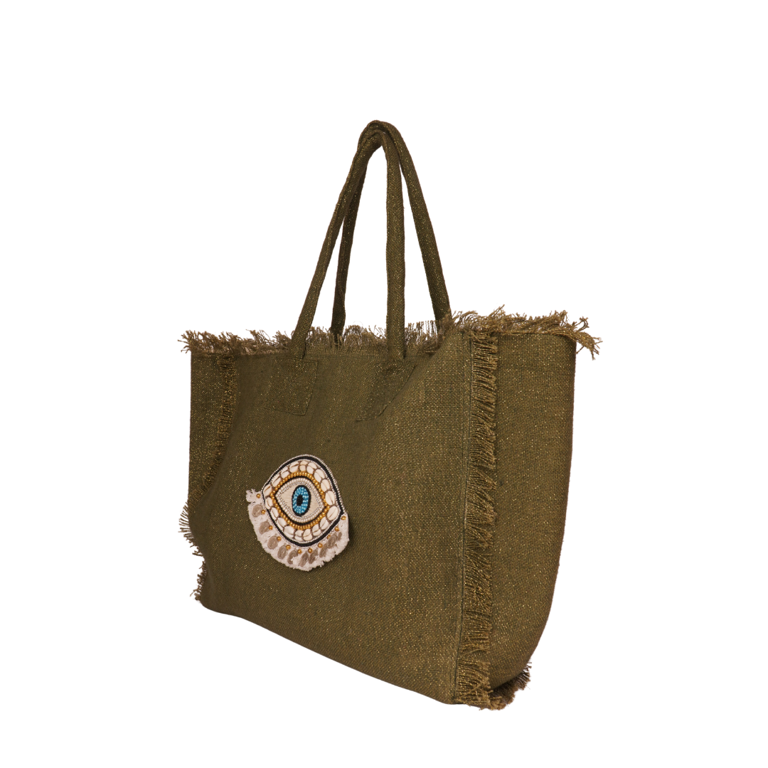 Olive Green Evil Eye Tote with Shell &amp; Sequin Embroidery – Boho Luxe Edition