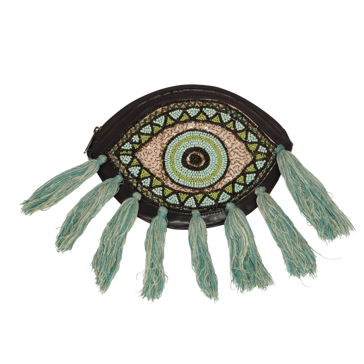Beaded Evil Eye Pouch with Turquoise Tassels