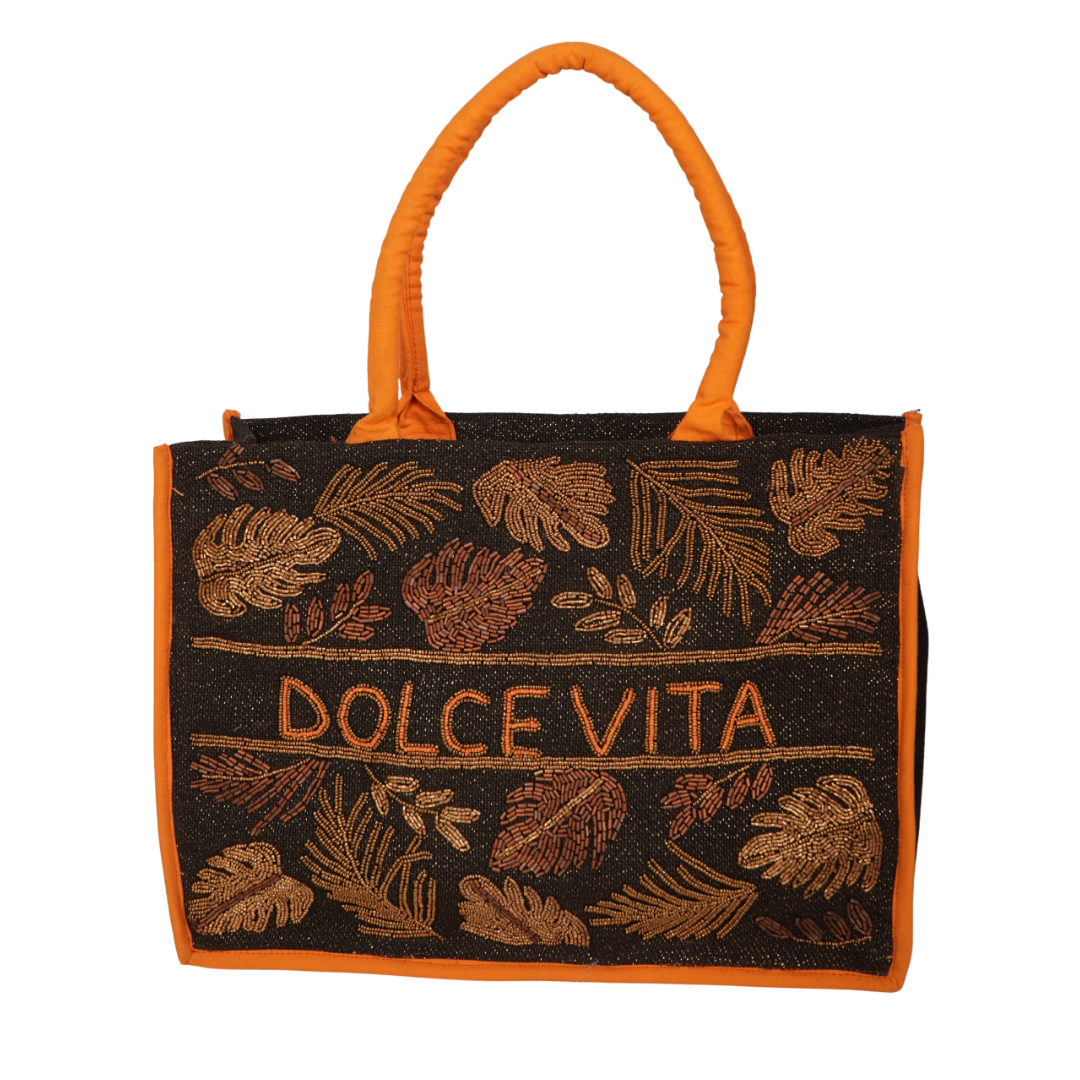 “DOLCE VITA” Tropical Embroidered Tote – Black &amp; Orange Jute Bag
