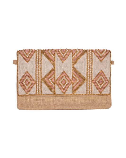 Pastel Diamond Beaded Jute Clutch