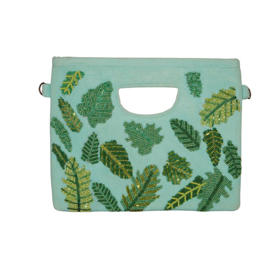 Mint Green Hand Clutch with Beaded Leaf Embroidery