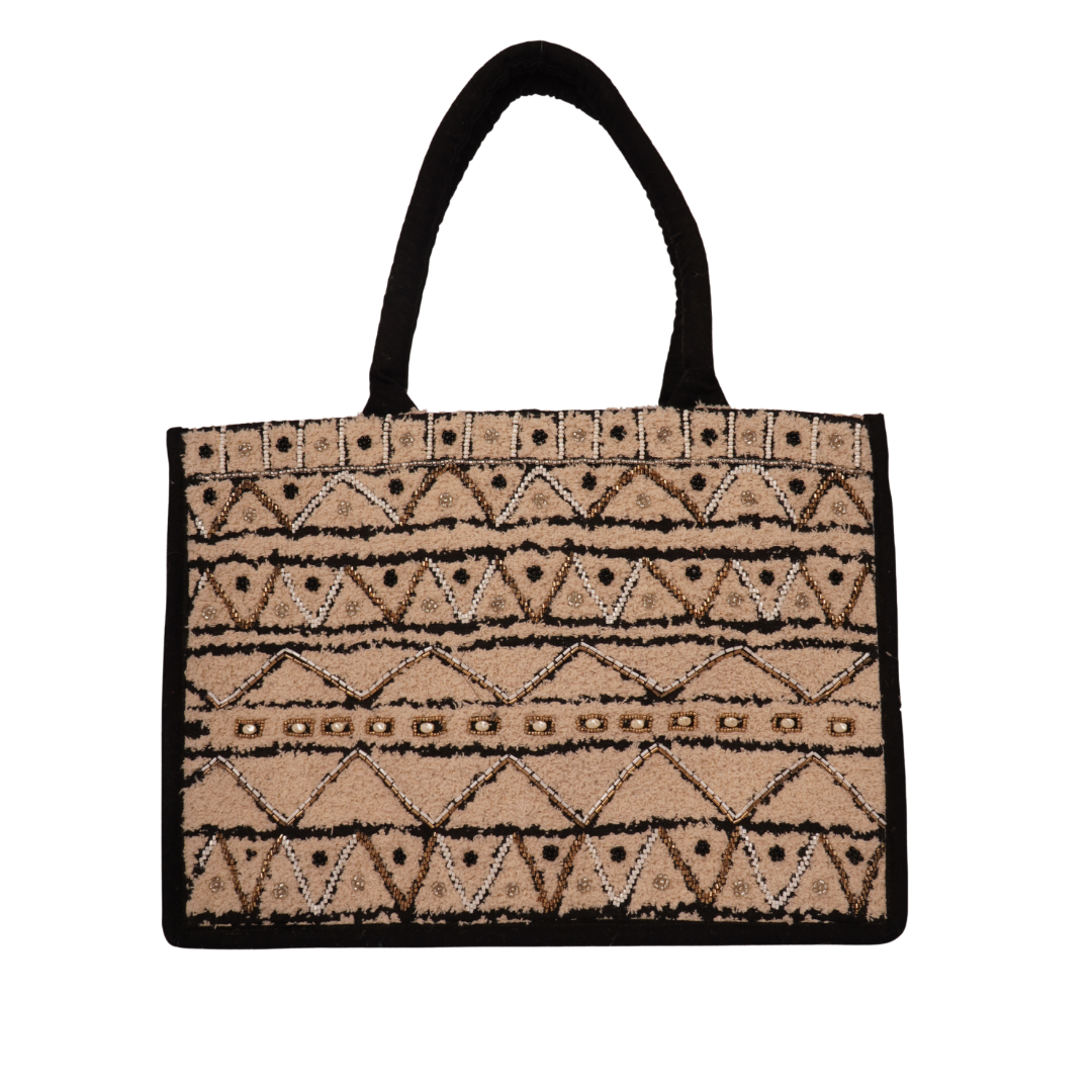 Boho Geometric Hand-Embroidered Tote – Monochrome Nomad Style