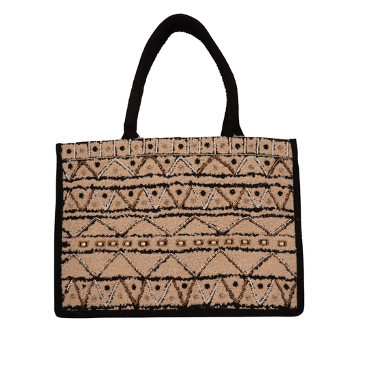 Boho Geometric Hand-Embroidered Tote – Monochrome Nomad Style