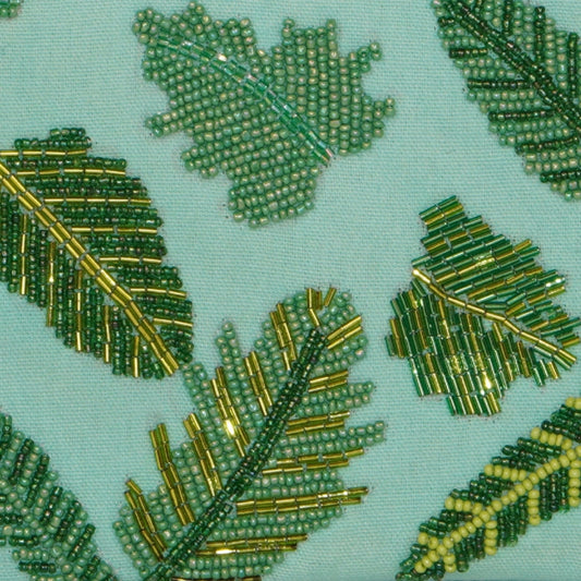 Mint Green Hand Clutch with Beaded Leaf Embroidery
