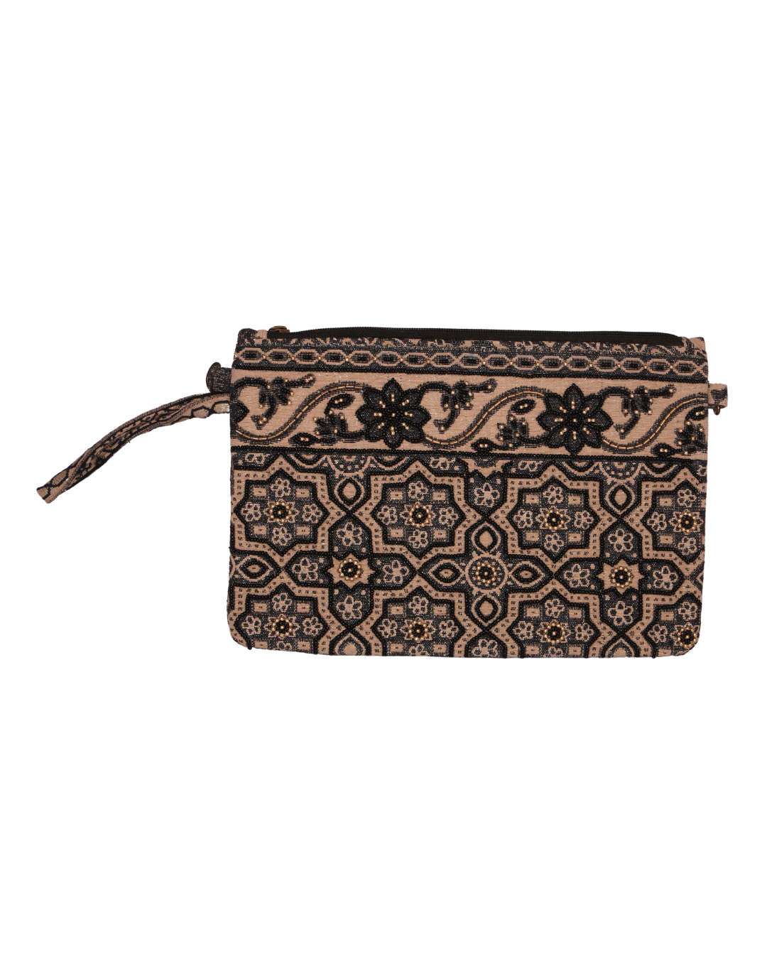 Black Floral & Geometric Embroidered Canvas Pouch