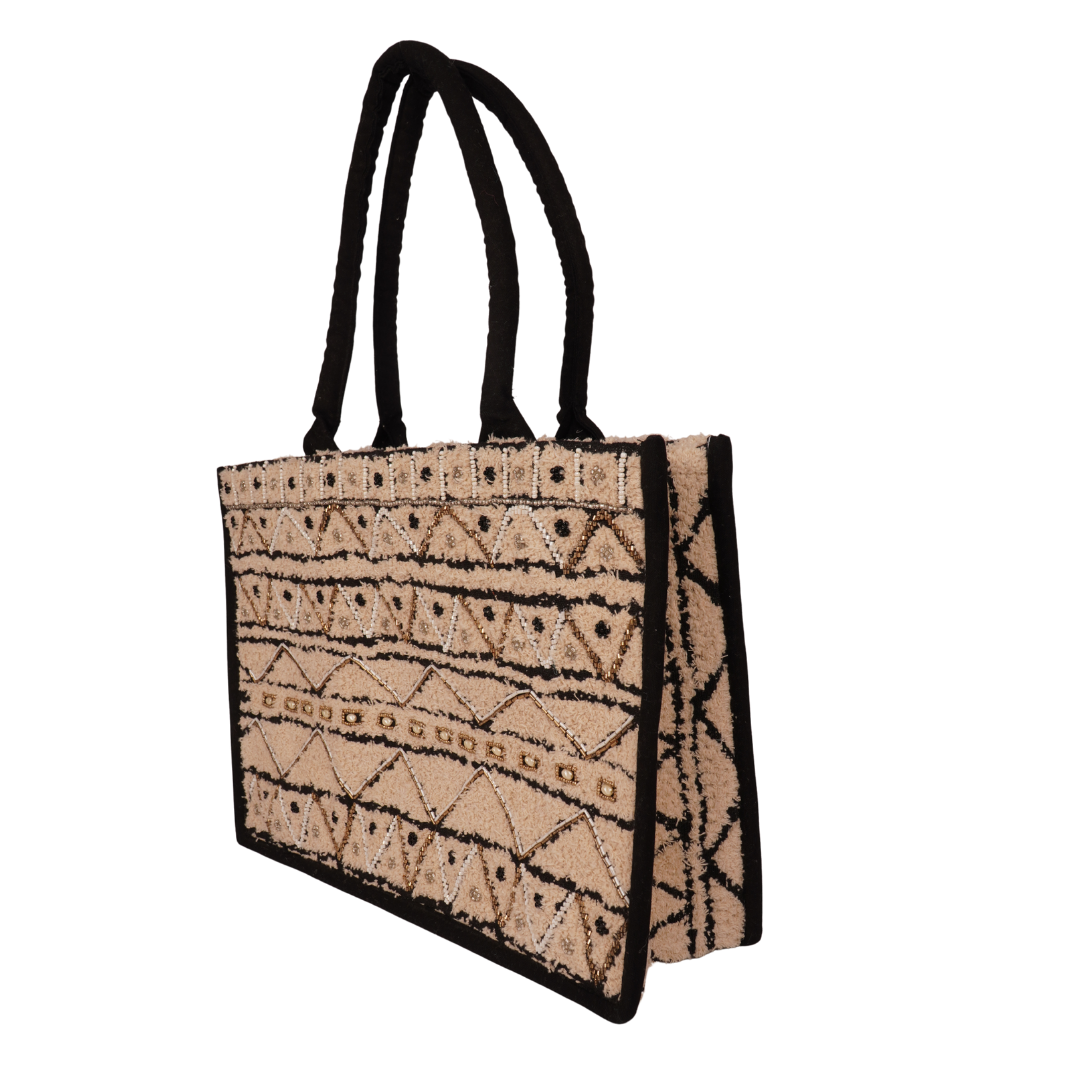 Boho Geometric Hand-Embroidered Tote – Monochrome Nomad Style