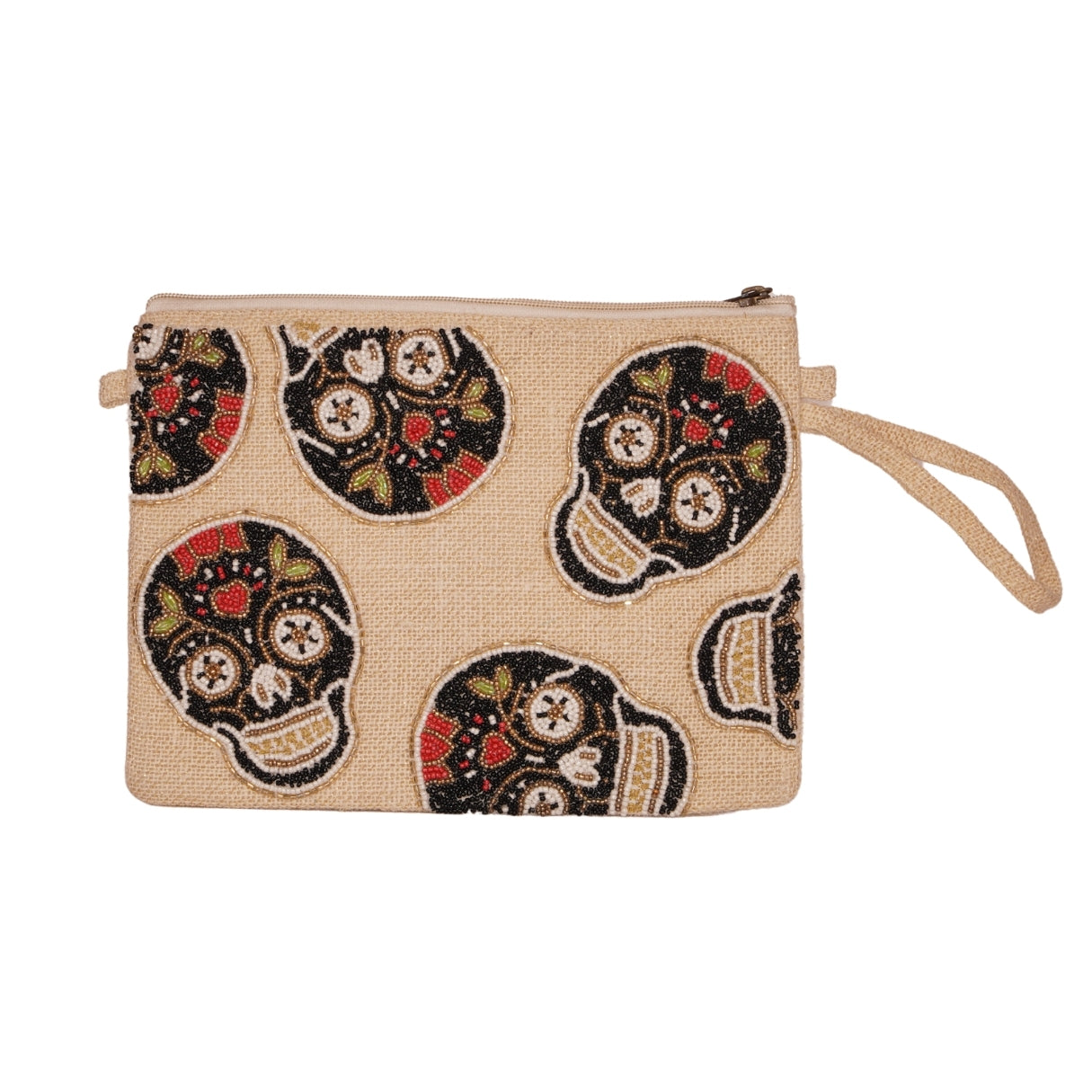 Beige Sugar Skull Beaded Clutch – Día de los Muertos Style