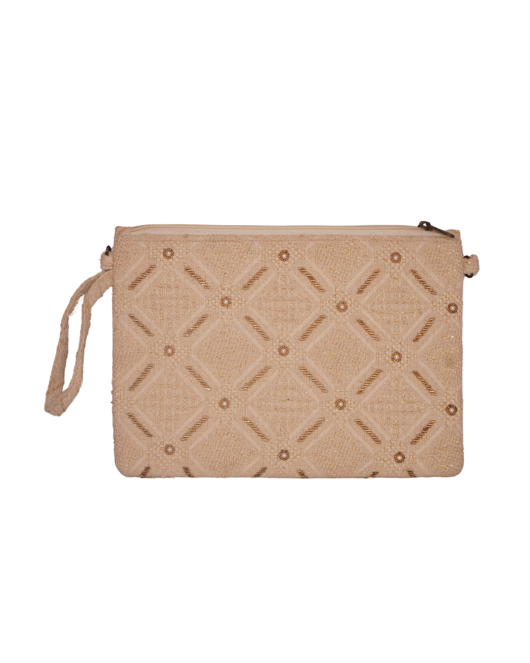 Beige Tone-on-Tone Embroidered Geometric Clutch