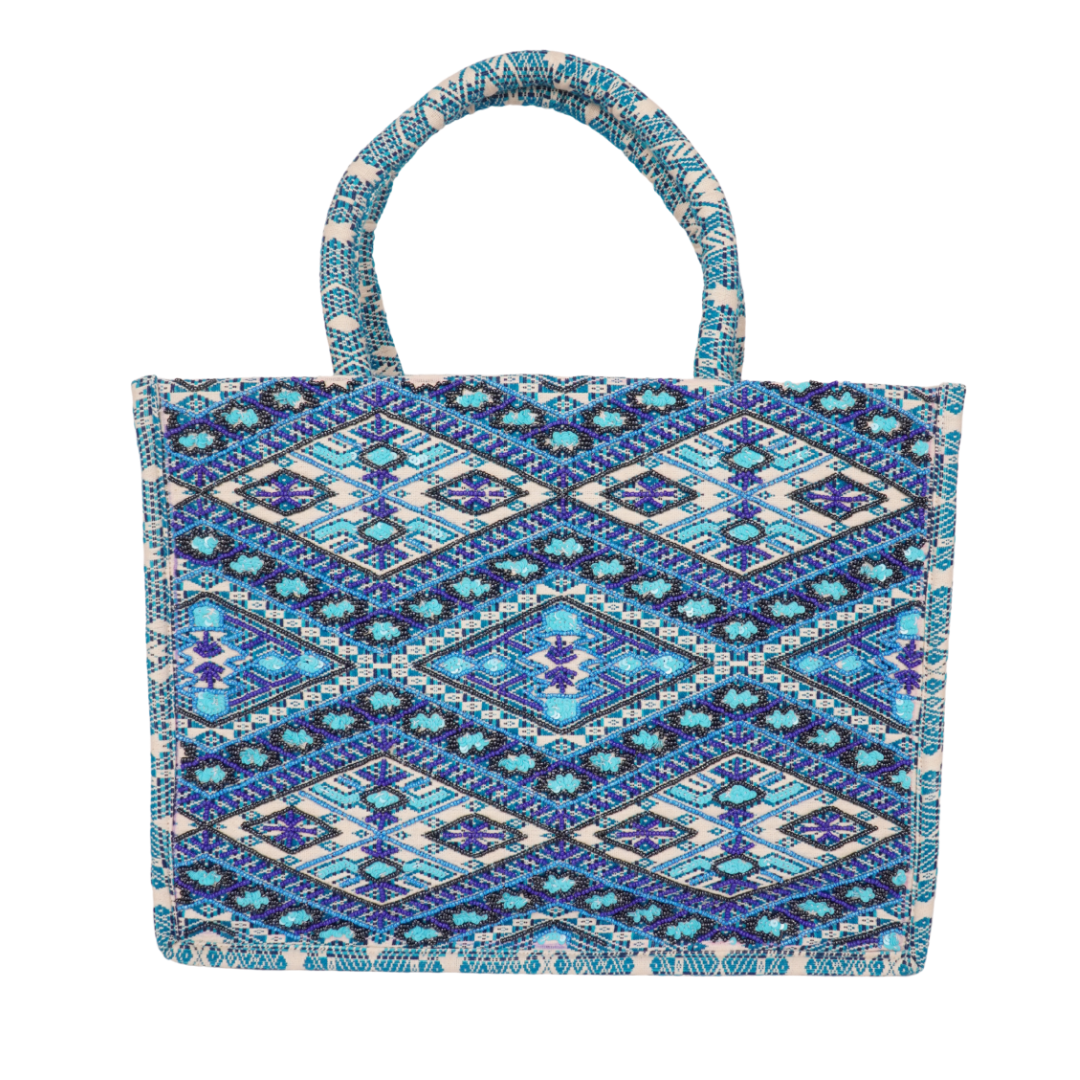 Icy Aztec Blue Tote – Geometric Beaded Elegance