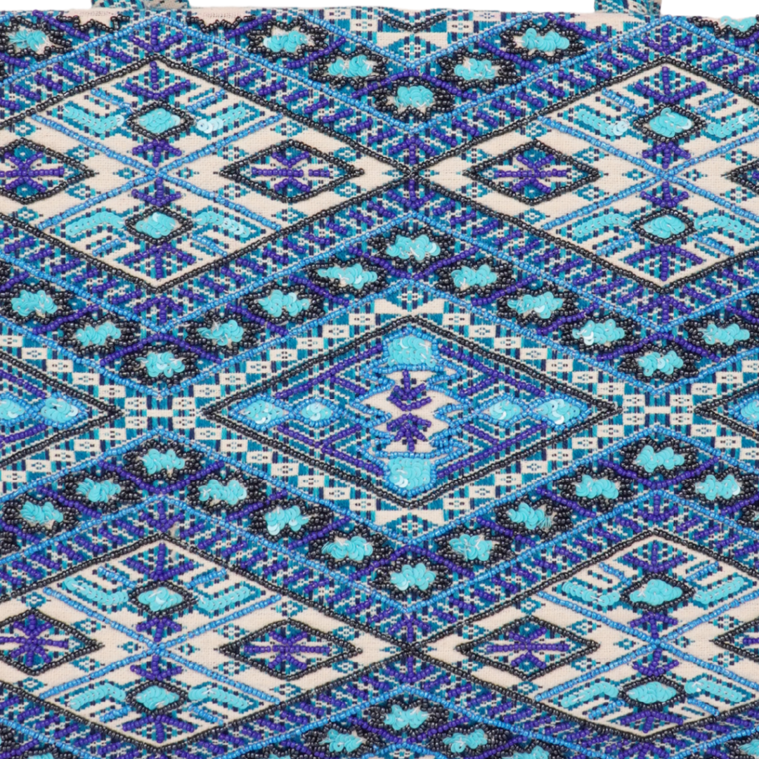 Icy Aztec Blue Tote – Geometric Beaded Elegance