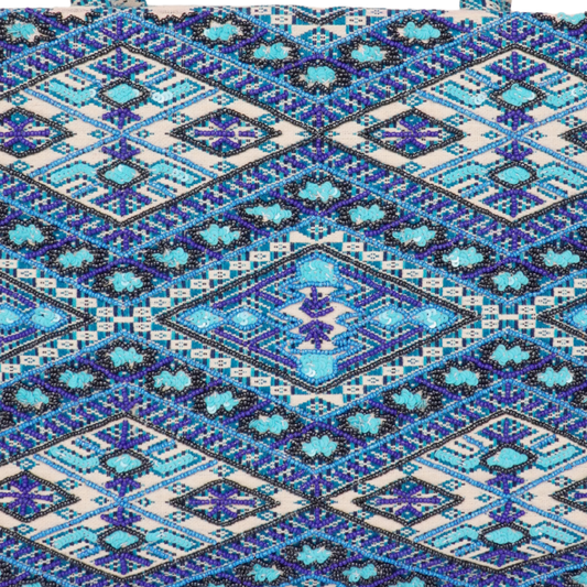 Icy Aztec Blue Tote – Geometric Beaded Elegance