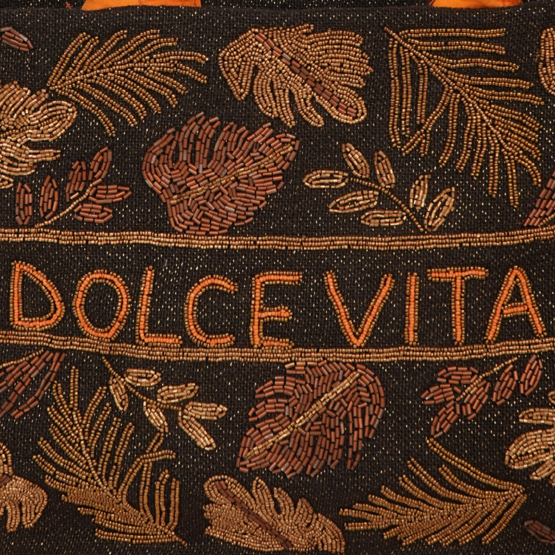 “DOLCE VITA” Tropical Embroidered Tote – Black &amp; Orange Jute Bag