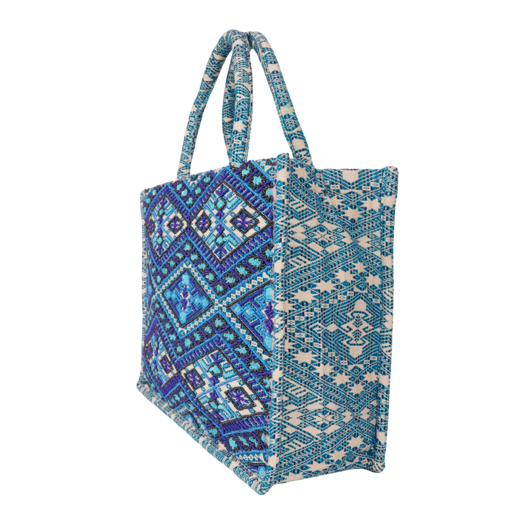 Icy Aztec Blue Tote – Geometric Beaded Elegance