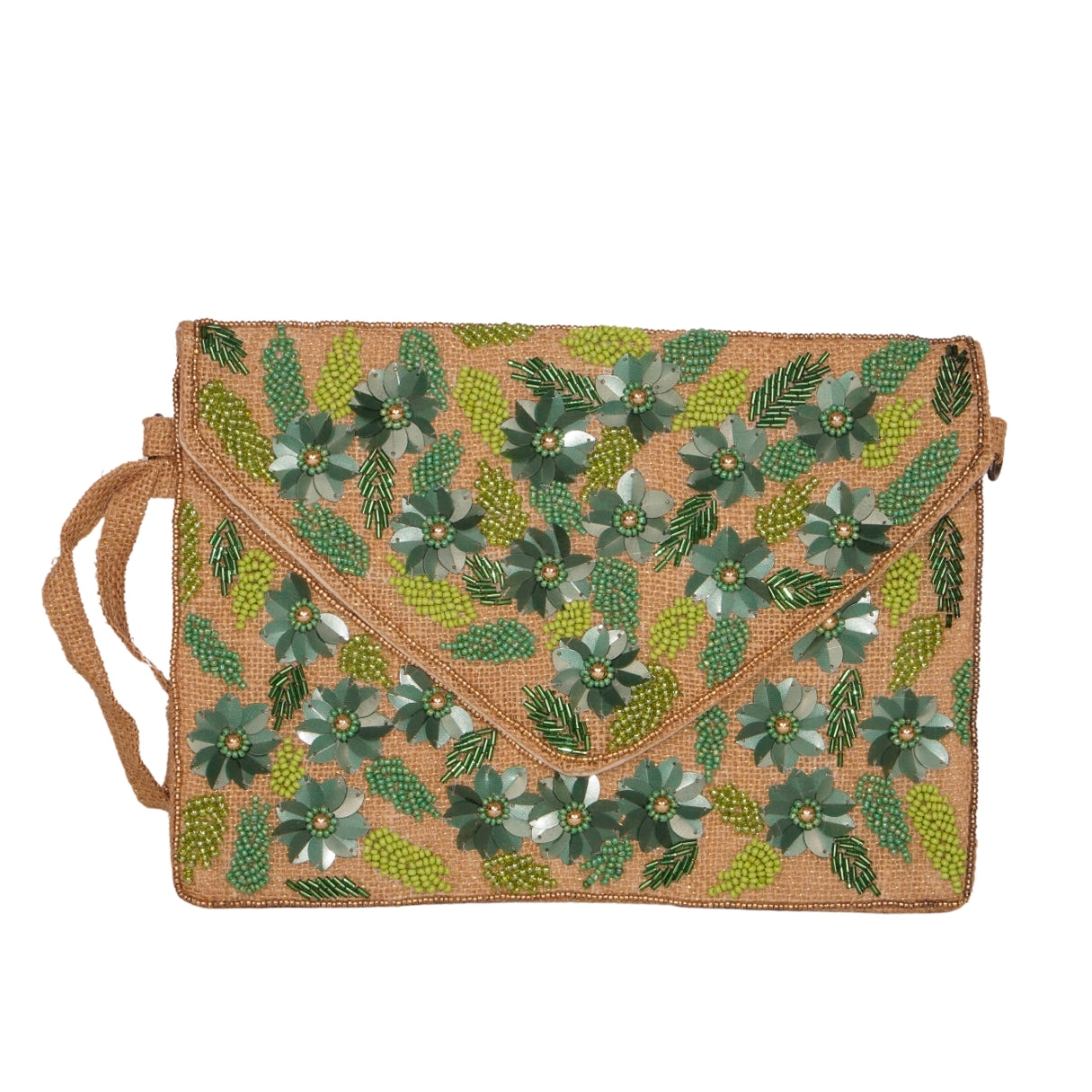 Natural Jute Envelope Clutch with Green Floral Embellishments