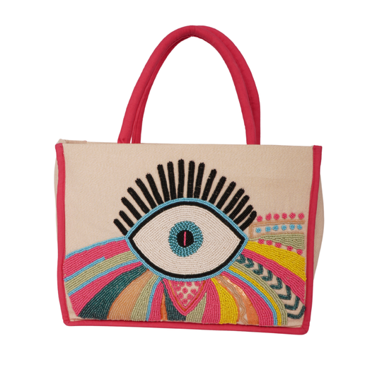 Radiant Eye Tote – Pink Trimmed Boho Chic Statement Bag