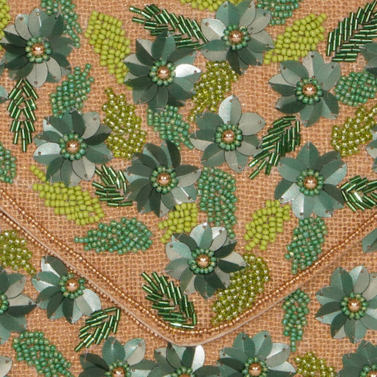 Natural Jute Envelope Clutch with Green Floral Embellishments