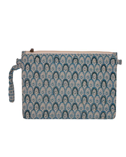 Blue Brocade Peacock Feather Canvas Pouch