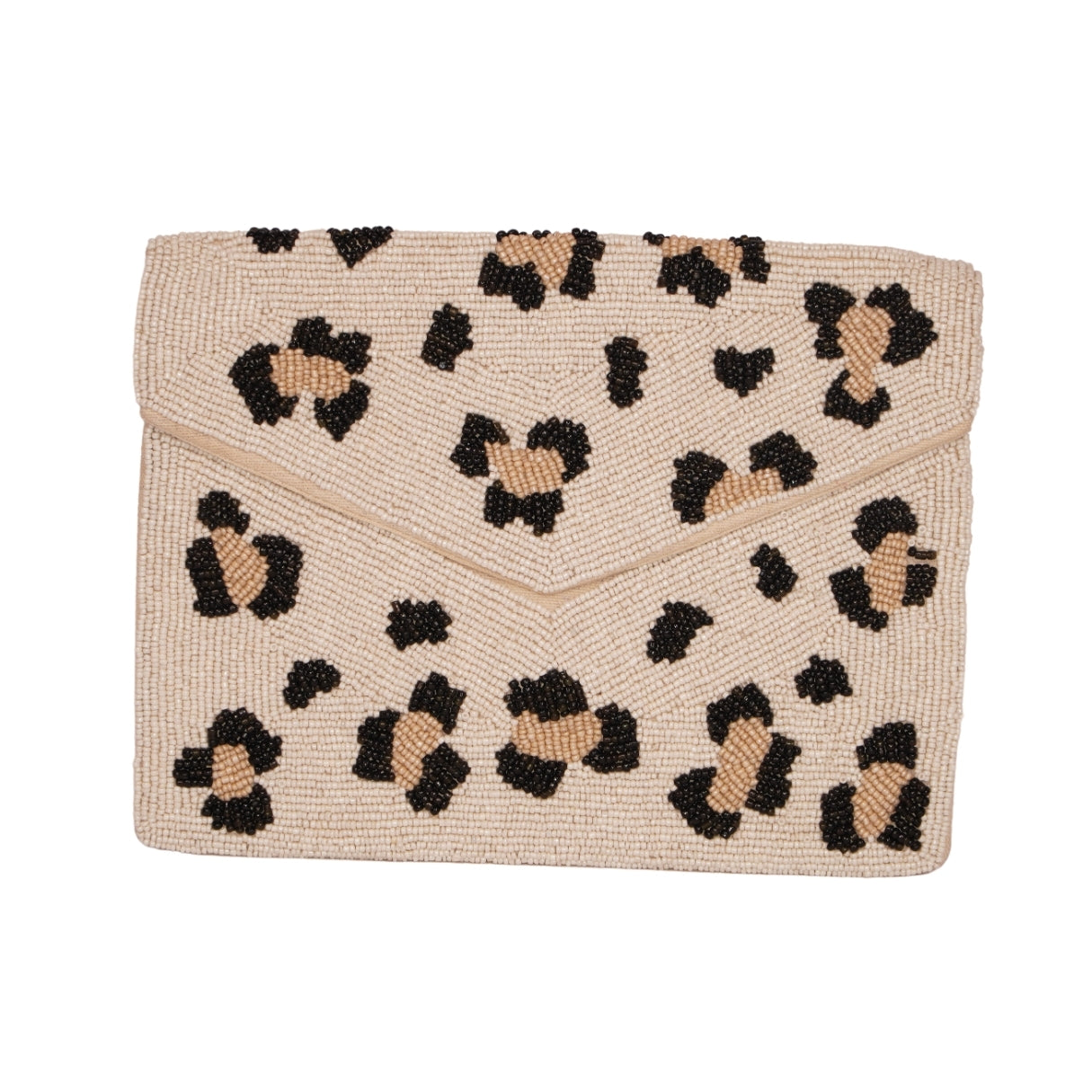 Beaded Leopard Print Envelope Clutch – Cream &amp; Tan