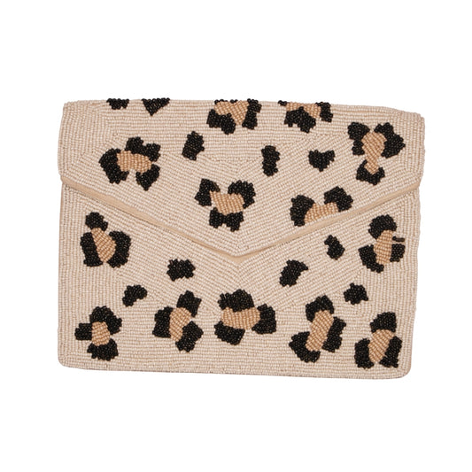 Beaded Leopard Print Envelope Clutch – Cream &amp; Tan