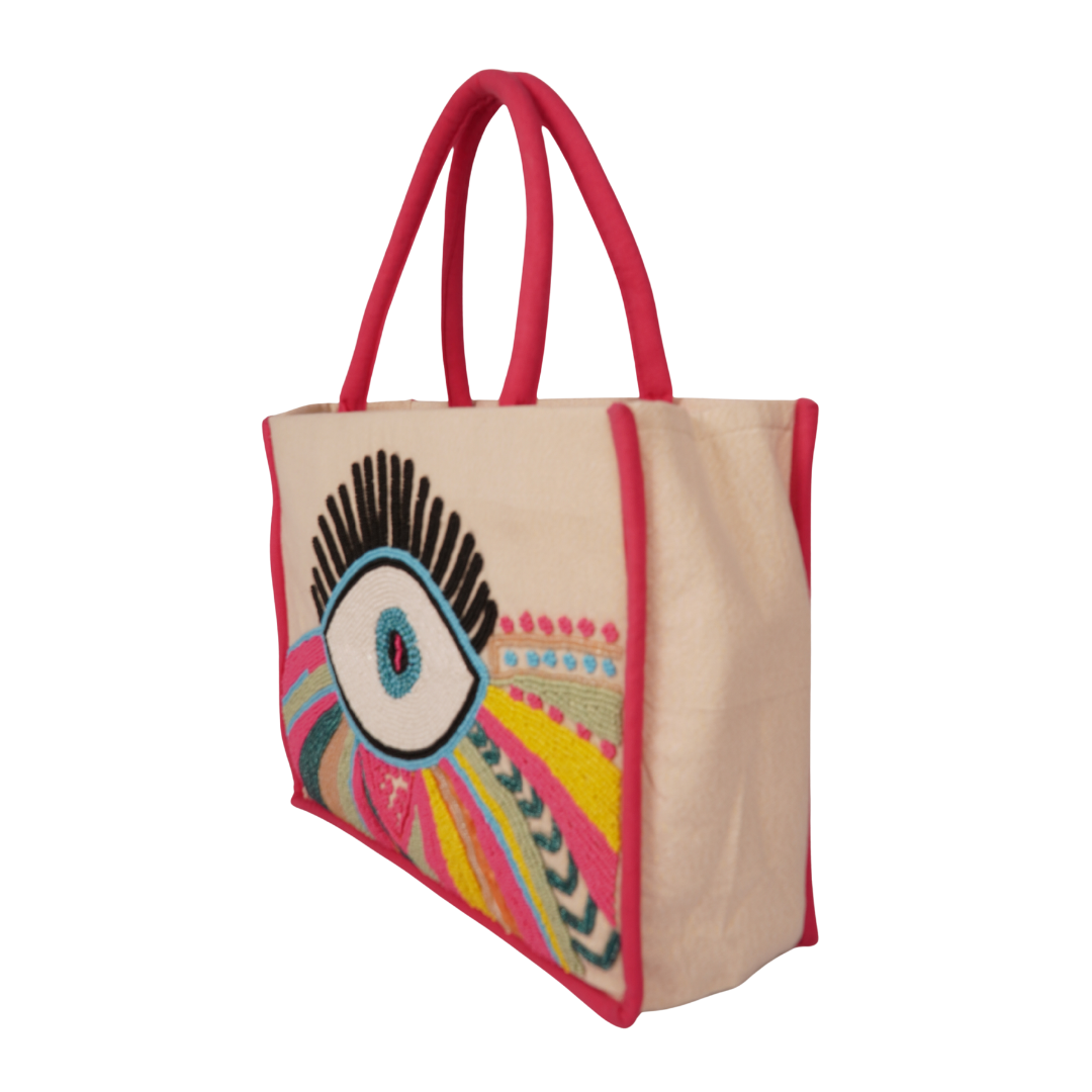 Radiant Eye Tote – Pink Trimmed Boho Chic Statement Bag