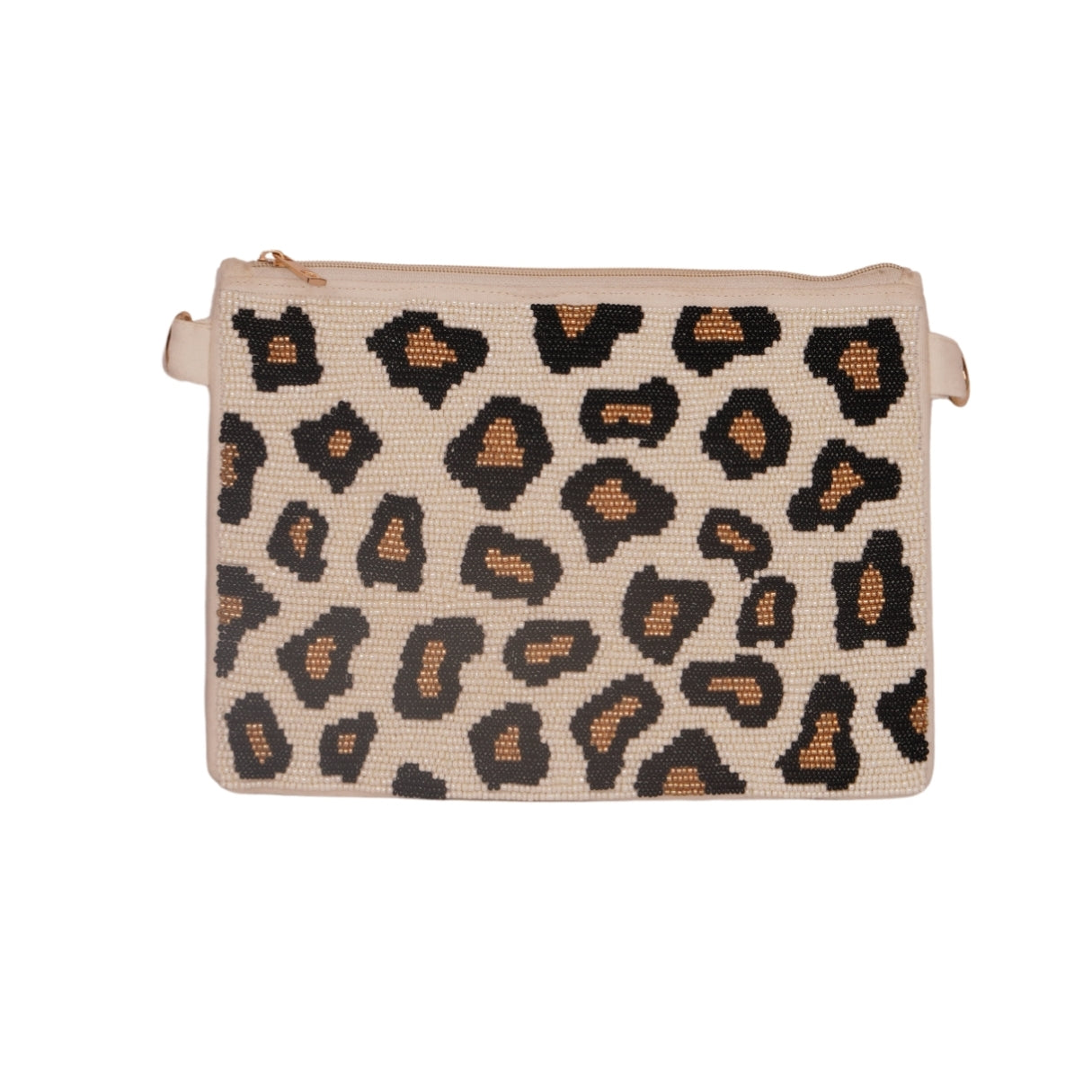 Classic Leopard Print Beaded Clutch – Cream Base