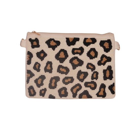 Classic Leopard Print Beaded Clutch – Cream Base