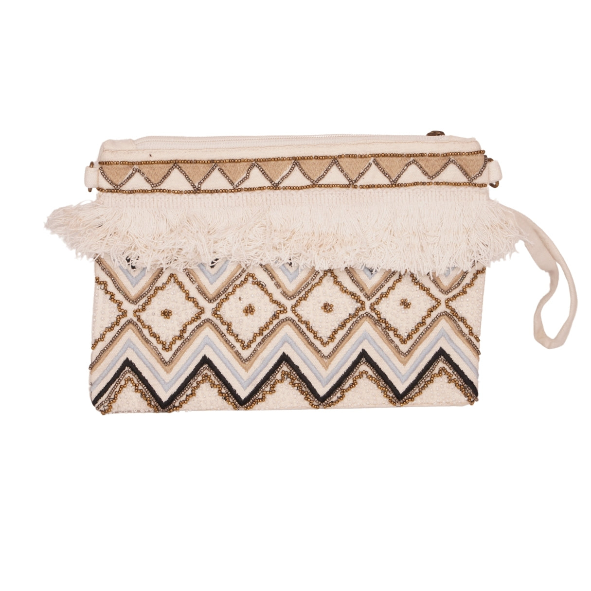 Boho Fringe Clutch with Geometric Beadwork – Ivory &amp; Gold