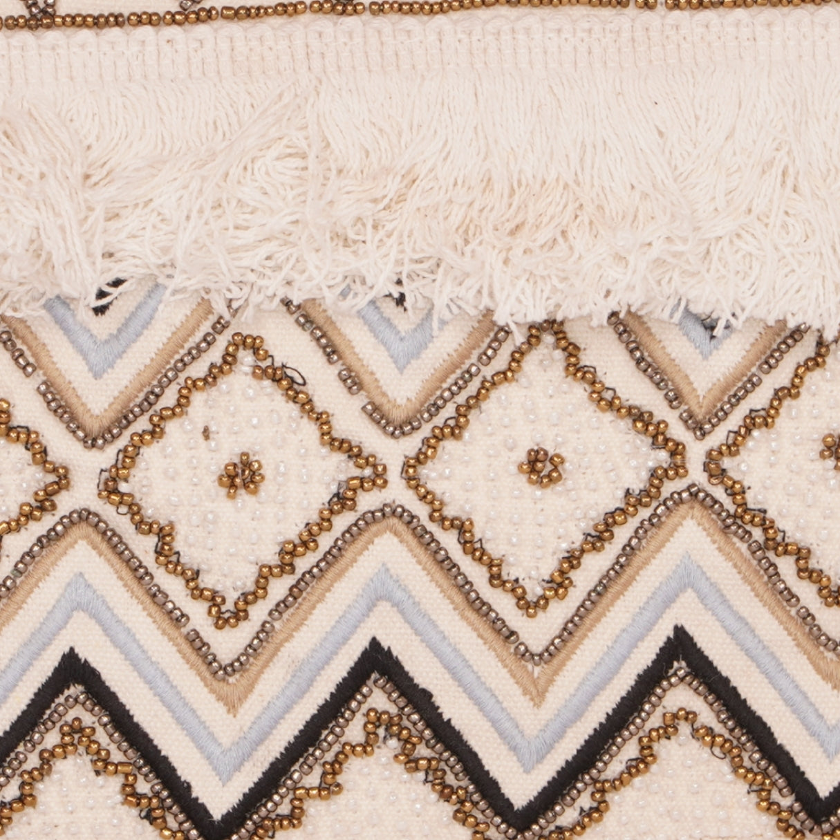Boho Fringe Clutch with Geometric Beadwork – Ivory &amp; Gold