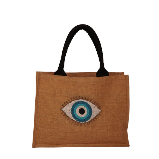 Jute Evil Eye Tote Bag – Tan with Black Handles