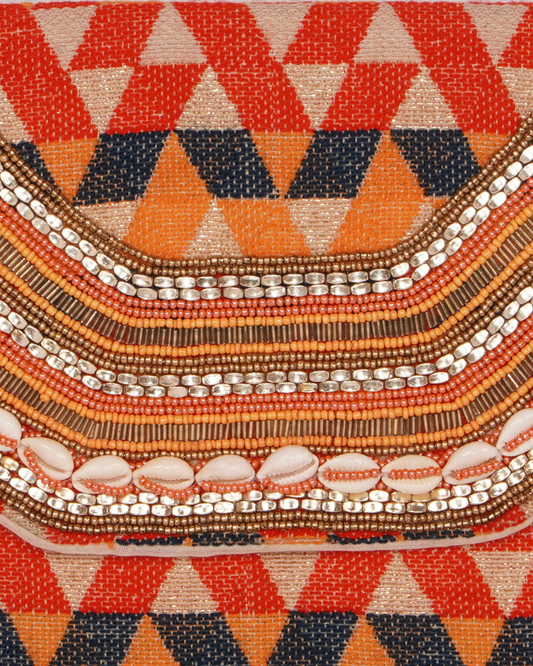 Tribal Geo Beaded Clutch with Cowrie Shells