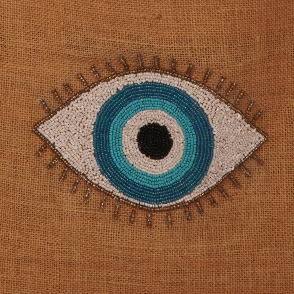 Jute Evil Eye Tote Bag – Tan with Black Handles