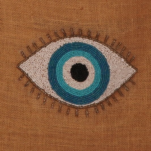 Jute Evil Eye Tote Bag – Tan with Black Handles