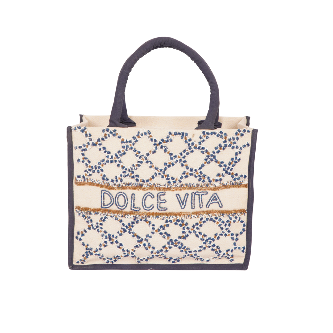 “DOLCE VITA” Embroidered Tote Bag – Cream &amp; Navy Blue