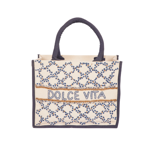 “DOLCE VITA” Embroidered Tote Bag – Cream &amp; Navy Blue
