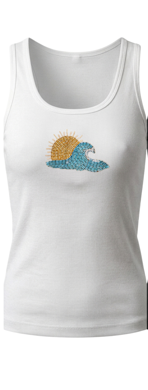 Women’s Ribbed Tank Top with Hand-Beaded Sun & Wave