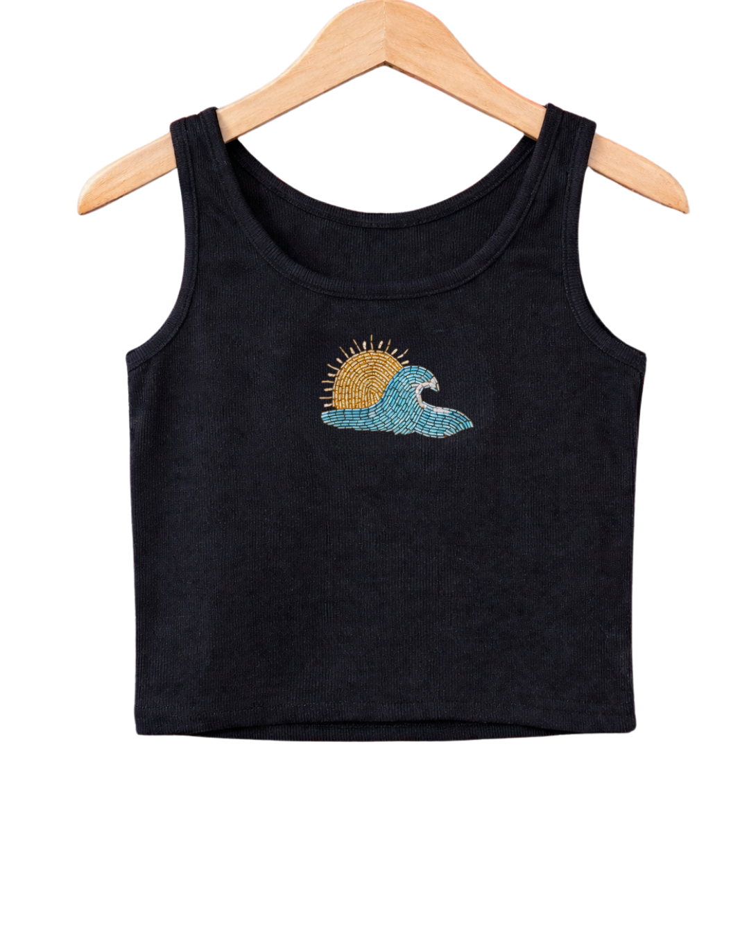 Women’s Ribbed Tank Top with Hand-Beaded Sun & Wave
