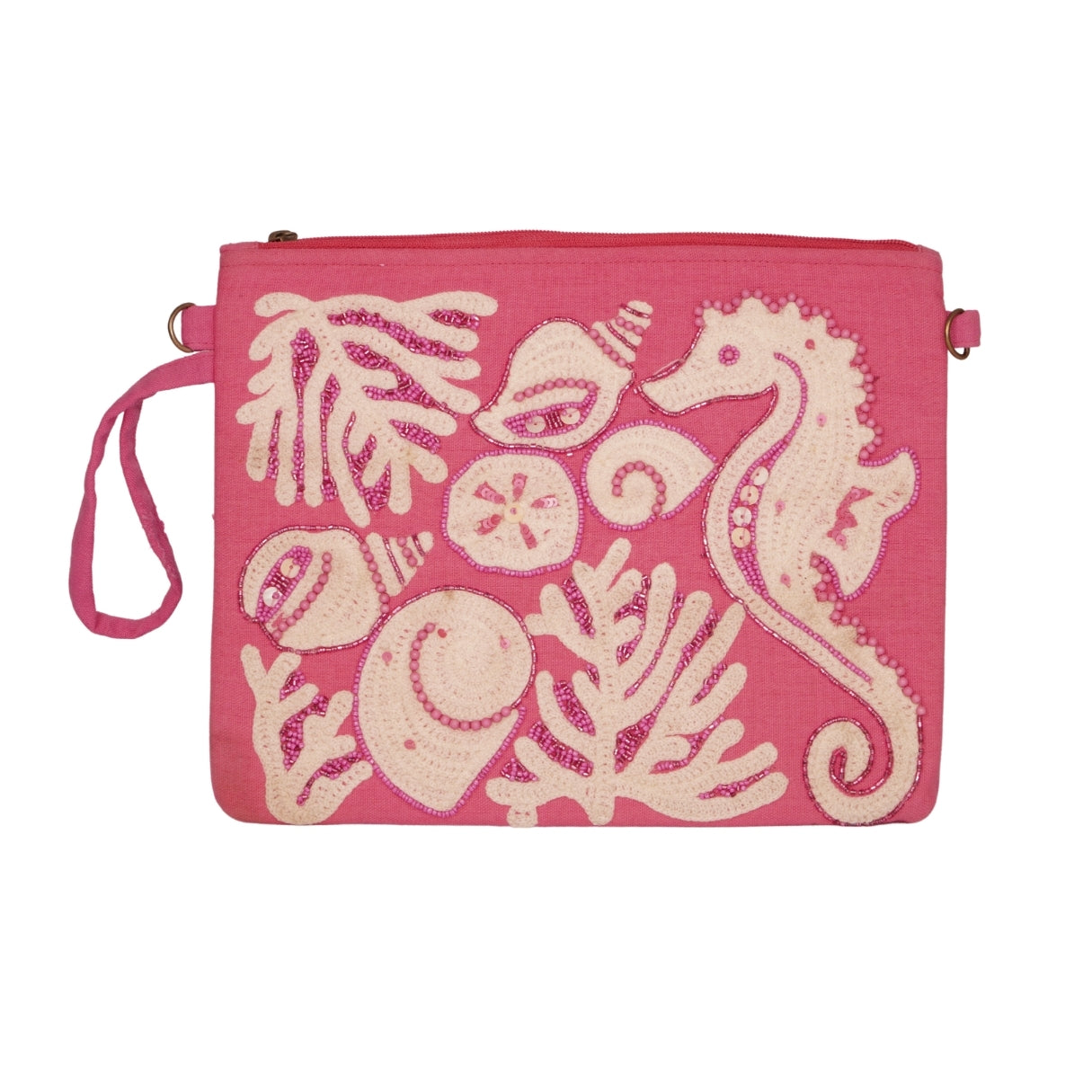 Pink Sea Life Embroidered Clutch – Seahorse &amp; Shell Motif