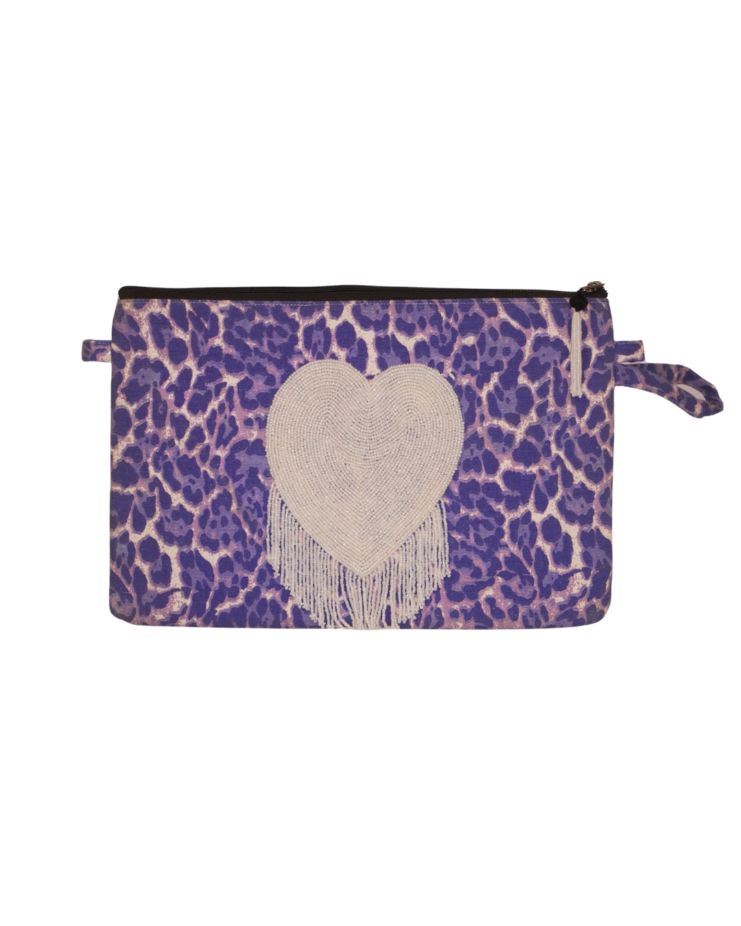 Purple Animal Print Pouch with Beaded Heart & Fringe